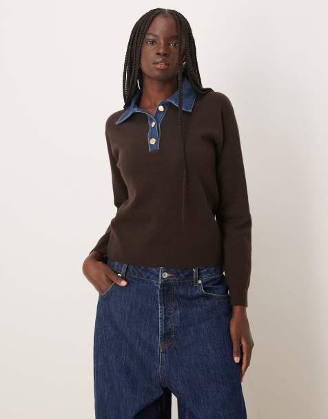 Mango - Top en maille avec col en denim - Chocolat - view 1