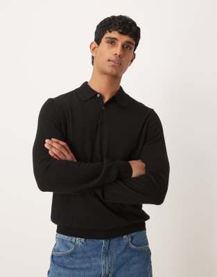 Mango - Top en maille de laine à col polo - Noir