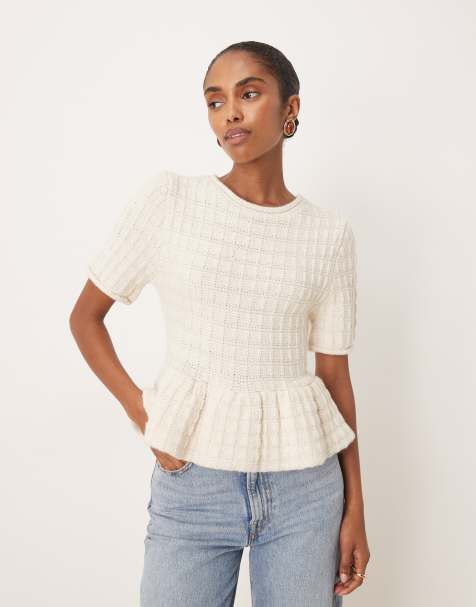 Mango - Top en maille manches courtes ourlet péplum - Beige - view 1