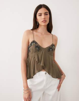 Top fluide orné de perles à bretelles - Vert M