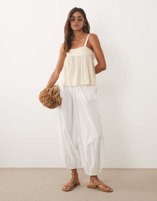 Mango - Top fluido arricciato in 100% cotone beige, 2 di 4
