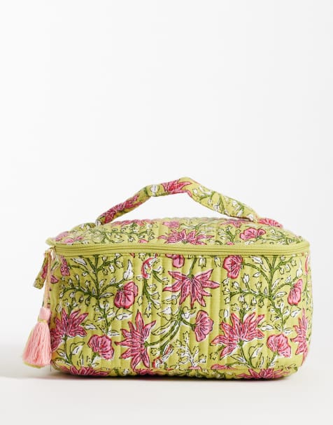 Mango top handle cosmetic bag in green and pink floral print - view 1