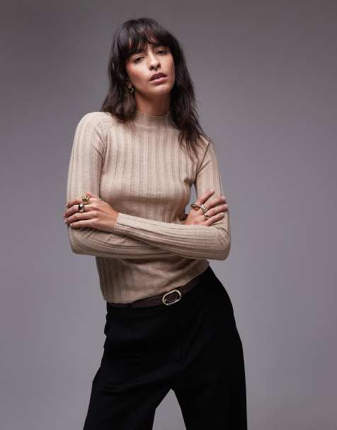 Mango - Top in maglia beige accollata a coste - view 1