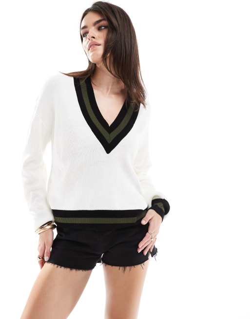Mango - Top in maglia bianco con scollo a V
