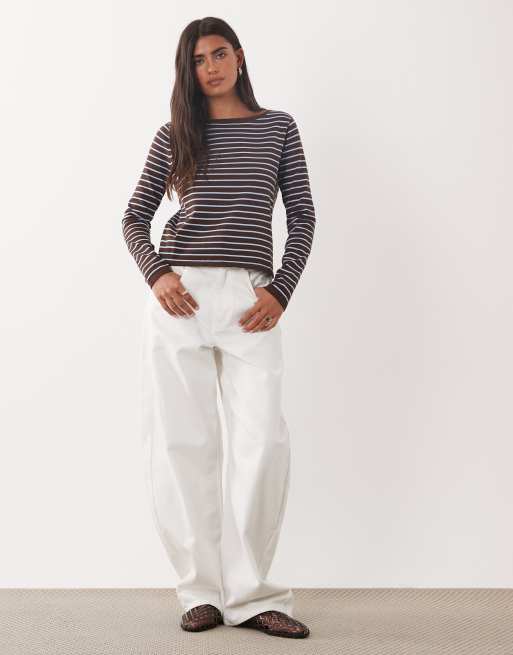 Mango top in maglia compatta con scollo a barchetta e maniche lunghe marrone, 2 di 4
