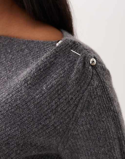 Mango - Top in maglia di misto lana grigio con scollo a barchetta e fondo asimmetrico, 3 di 4