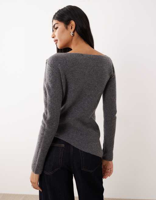 Mango - Top in maglia di misto lana grigio con scollo a barchetta e fondo asimmetrico, 4 di 4