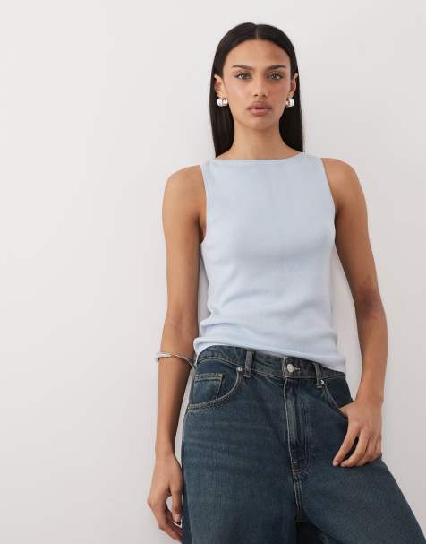 Mango - Top in maglia leggera senza maniche in misto cotone con scollo a barchetta blu pastello - view 1