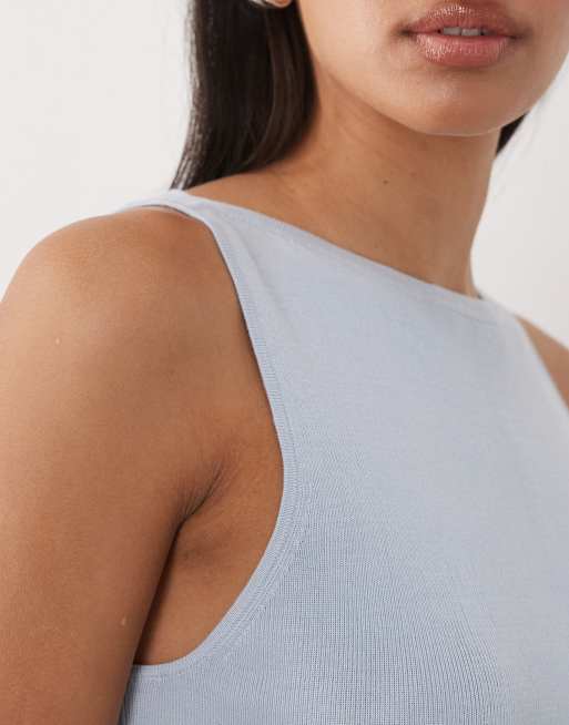 Mango - Top in maglia leggera senza maniche in misto cotone con scollo a barchetta blu pastello, 3 di 4