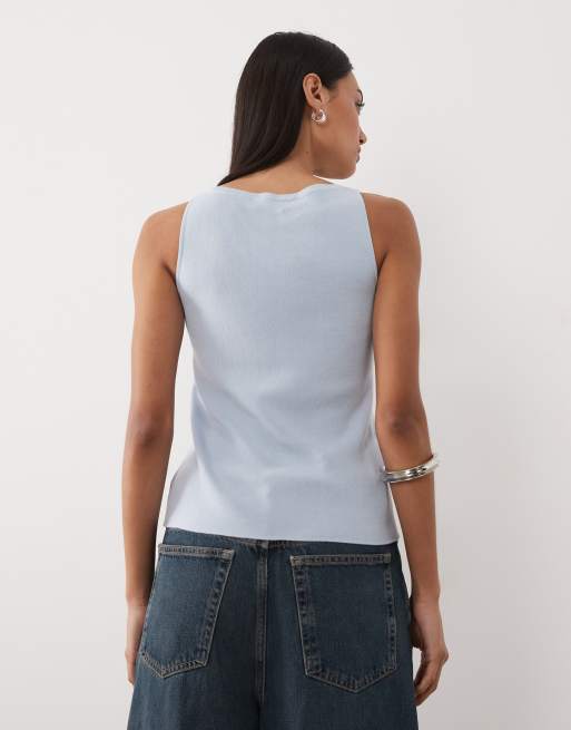 Mango - Top in maglia leggera senza maniche in misto cotone con scollo a barchetta blu pastello, 4 di 4