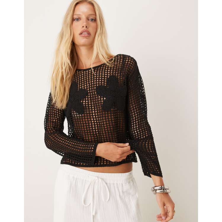 Fiori Applicati Maglia Trasparente Con Fiori Top Corsetto Floreale