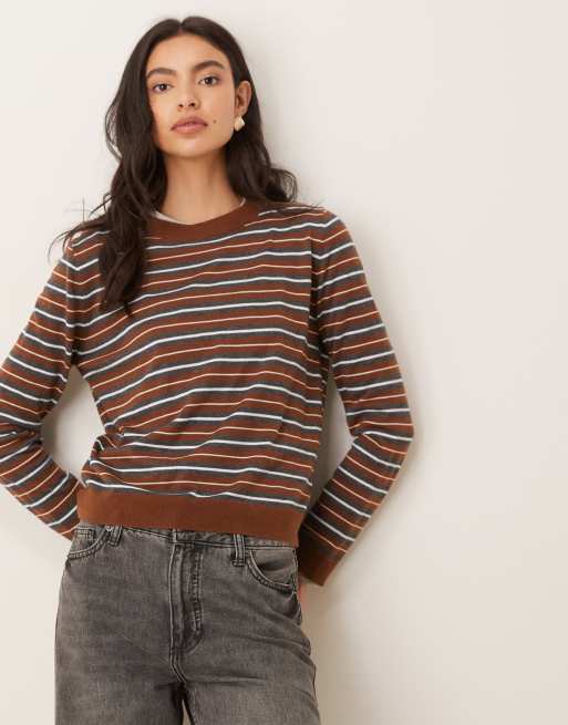 Mango - Top in maglia sottile marrone a righe con scollo rotondo, 2 di 4