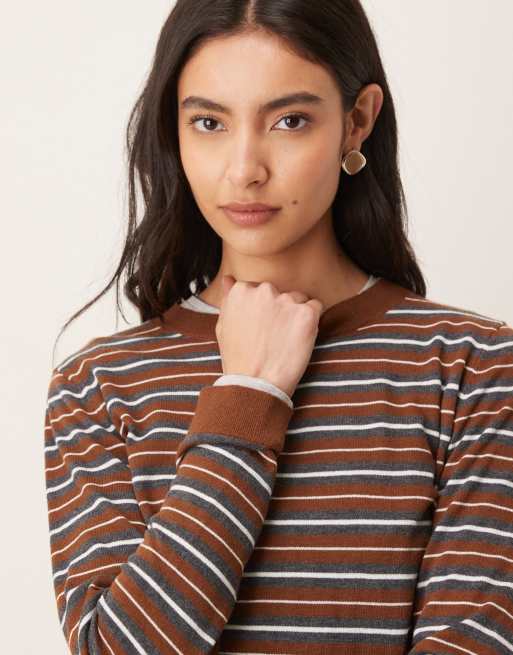 Mango - Top in maglia sottile marrone a righe con scollo rotondo, 3 di 4