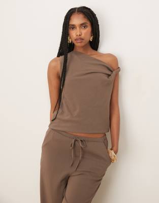 Mango - Top in poliammide color marrone mocha con dettaglio attorcigliato in coordinato