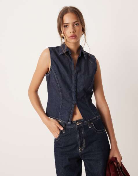 Mango cotton mix denim short sleeve top in indigo