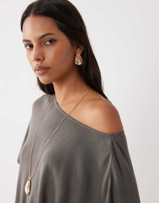Mango top lavorato a maglia grigio con scollo a barchetta e maniche corte, 2 di 4