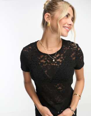 Mango short sleeve lace top in black - ASOS Price Checker