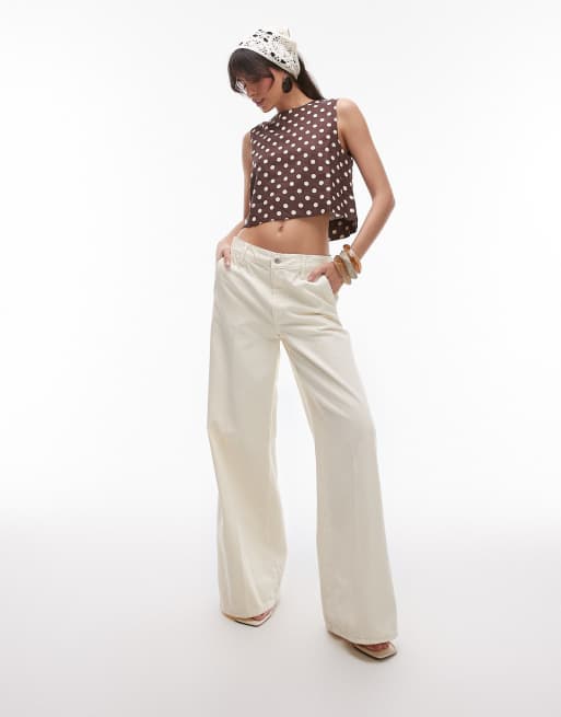 Mango - Top marrone a pois con scollo rotondo