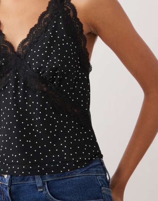 Mango top med blondekant, halterneck og polkaprikket print, 3 af 4