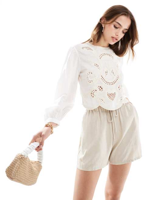Mango - Top met broderie en lange mouwen in wit