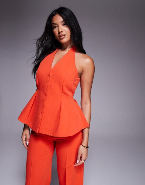 Mango - Top met halternek, peplum zoom en knoopsluiting in rood, deel van co-ord set - view 1