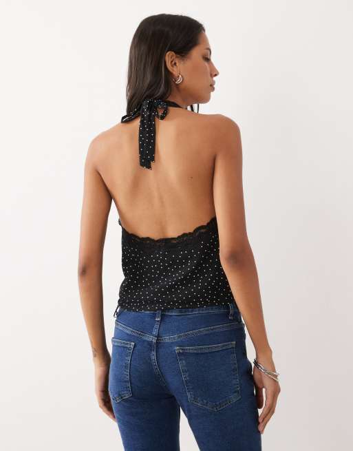 Mango top met kanten rand en halternek in polkadotprint, 4 van 4