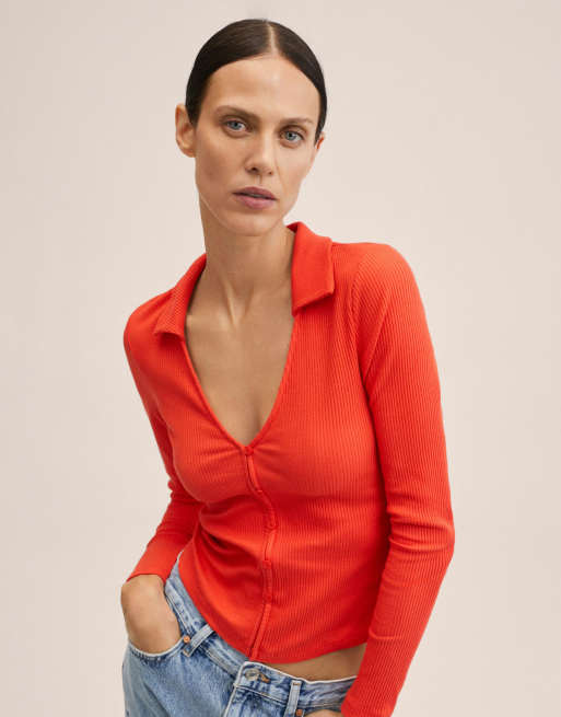 Mango - Top met polokraag en knoopsluiting in oranje