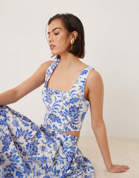 Mango - Top met vierkante hals in blauwe bloemenprint, deel van co-ord set - view 1