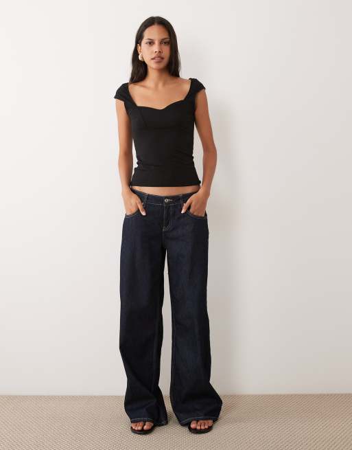 Mango top nero con scollo a cuore e maniche corte, 3 di 4