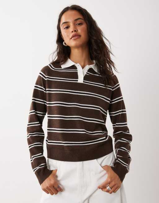 Mango top polo en maille à rayures marron, 3 de 4