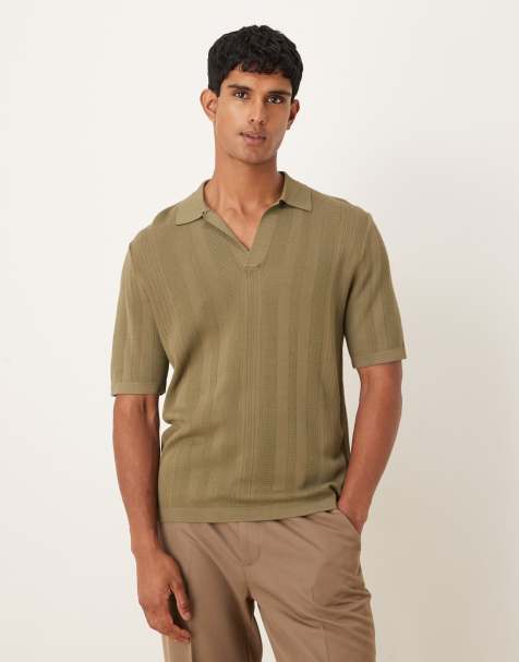 Mango cotton mix knitted polo top in khaki