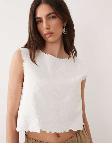 Mango - Top sans manches à encolure bateau et fleurs brodées - Blanc - view 1