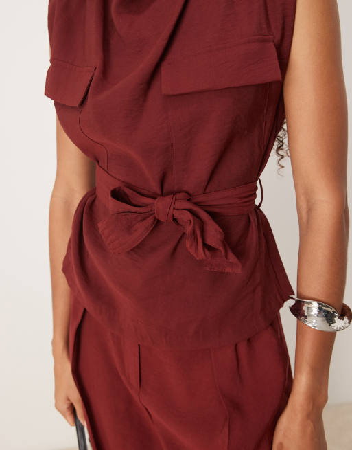 Mango - Top sans manches d'ensemble à ceinture et col montant - Rouge, 3 de 4