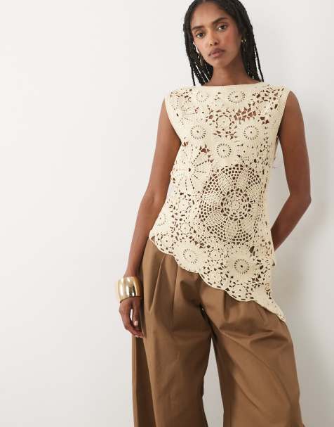 Mango - Top senza maniche asimmetrico all'uncinetto in misto cotone beige - view 1