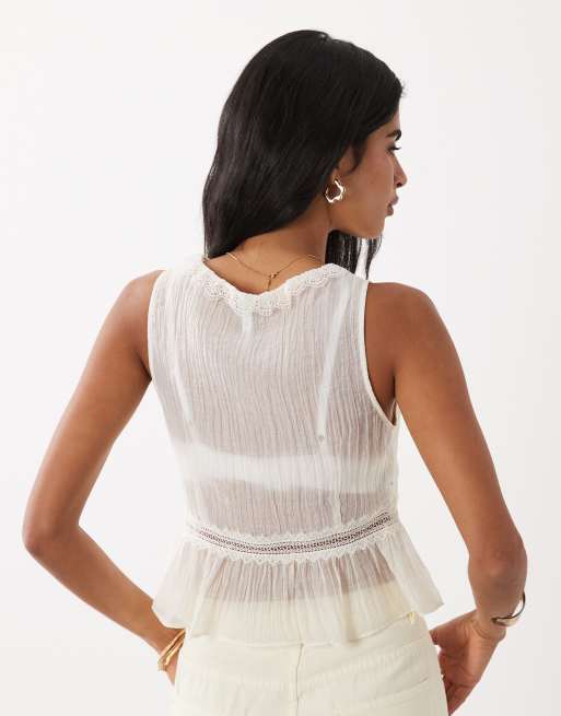 Mango - Top senza maniche beige con scollo a V e finiture in pizzo con fiocco, 4 di 4