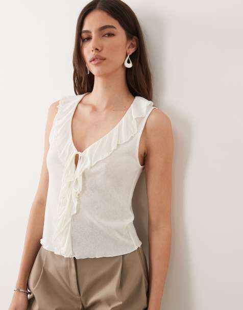 Mango - Top senza maniche bianco con volant sul davanti - view 1