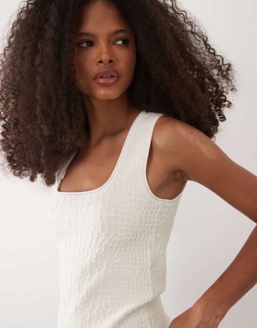 Mango - Top senza maniche color crema testurizzato con scollo squadrato, 3 di 4