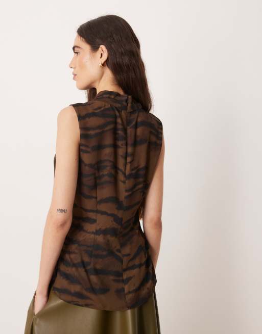 Mango - Top senza maniche con spalle imbottite marrone zebrato, 3 di 4