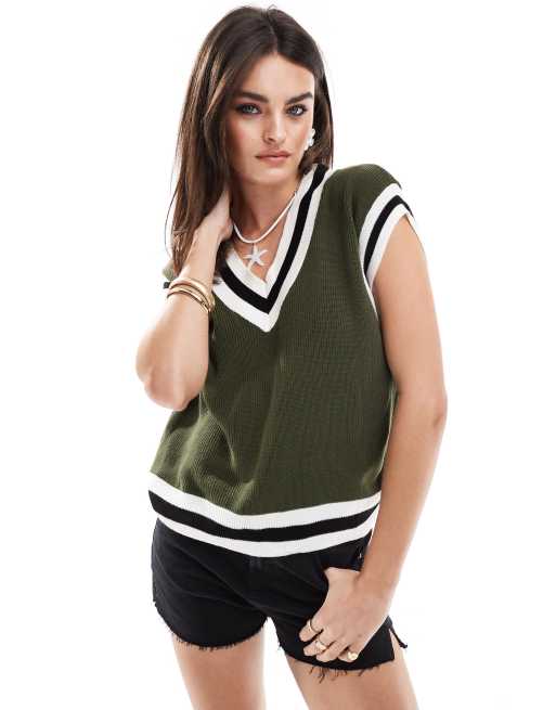 Mango - Top senza maniche in maglia kaki con scollo a V