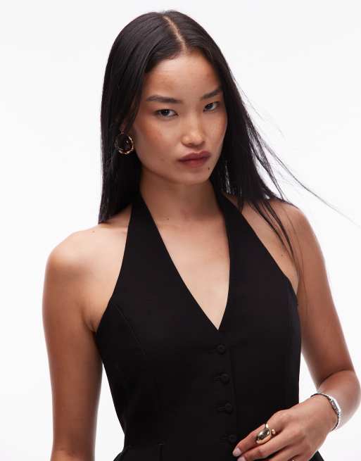 Mango - Top van katoenmix met halternek, peplum zoom en knoopsluiting in zwart, deel van co-ord set, 4 van 4
