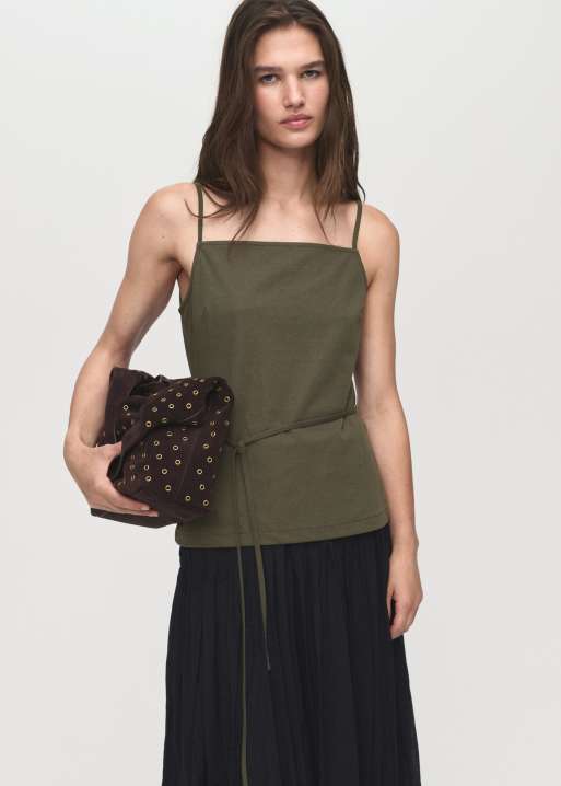 Mango – Top w kolorze khaki na cienkich ramiączkach z kwadratowym dekoltem i wiązaniem w talii, część zestawu