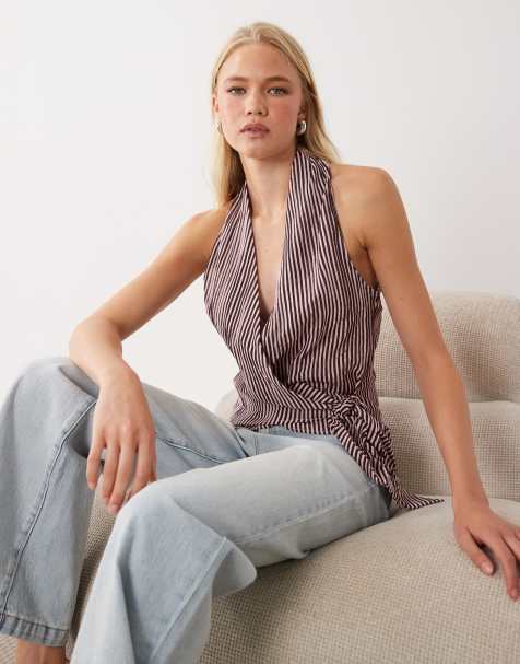 Mango top z dekoltem halter i wiązaniem w talii w nadruk w bordowe paski - view 1