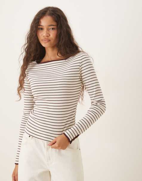 Mango contrast tipping long sleeve top in dark red stripe