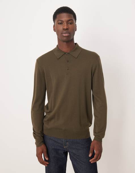 Mango 100% wool button up long sleeve knitted polo top in khaki