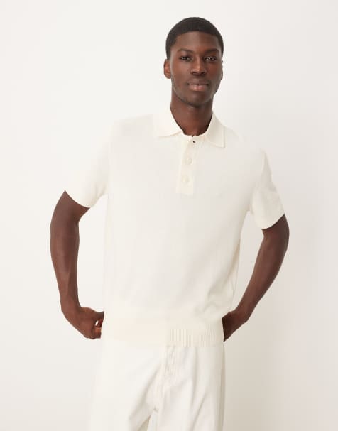 Mango cotton mix knitted button detail polo top in ecru   