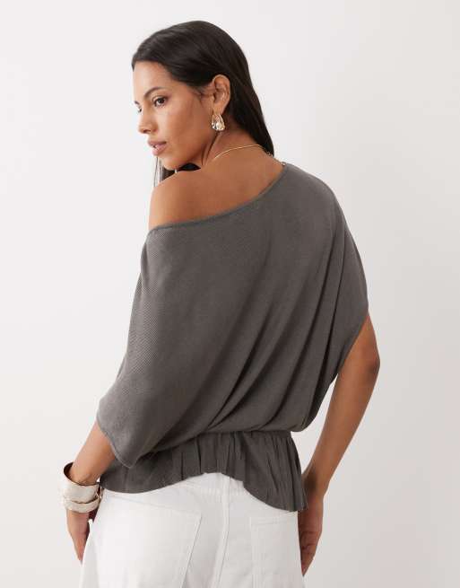 Mango topp i stickning med båtringning och kort ärm i grått, 4 av 4