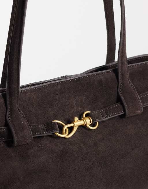 Mango torba miejska ze 100% skóry zamszowej z detalem klamry, brązowa, 3 z 4