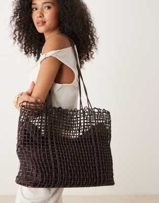 Mango - Tote bag à détail tressé avec doublure interne à cordon de serrage - Marron