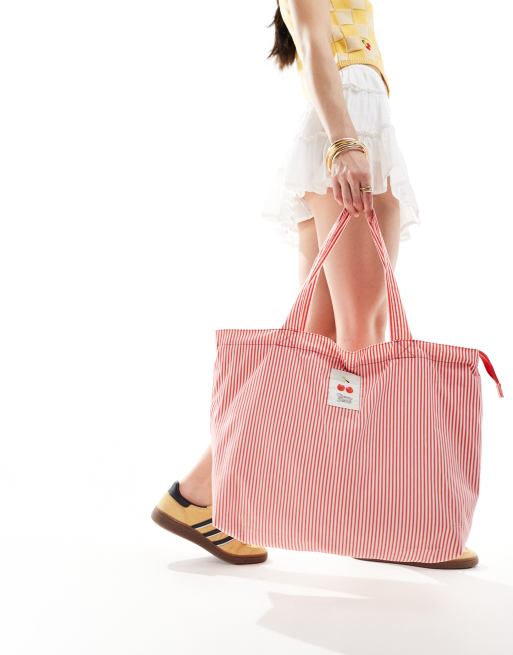 Mango - Tote bag à fines rayures et détail cerises - Rouge et blanc, 2 de 4