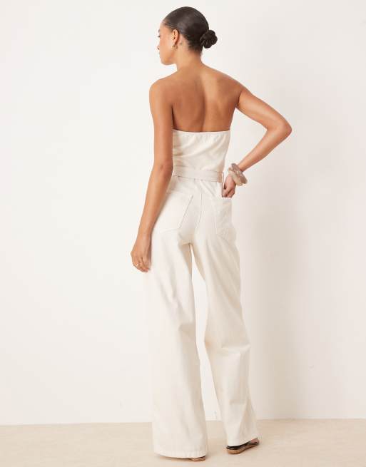 Mango – Trägerloser Baumwoll-Jumpsuit in Weiß mit Bindegürtel, 4 von 4